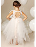 Ivory Lace Tulle Keyhole Back Handkerchief Hem Flower Girl Dress